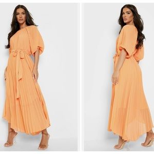Boohoo Pleated Puff Sleeve Orange Midi Dress Women’s Size 6